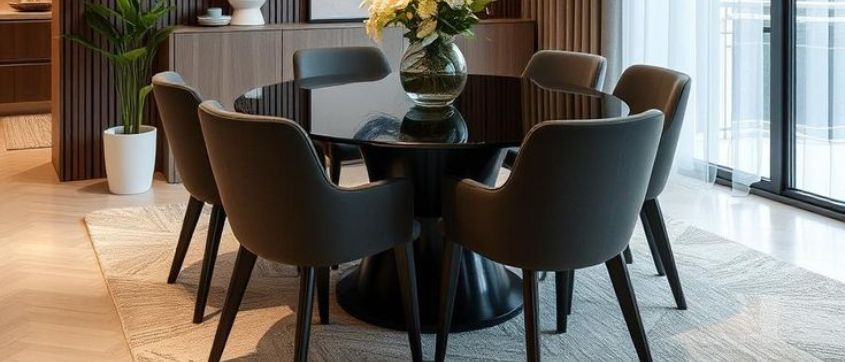 Brown Round Wooden Dining Table Set